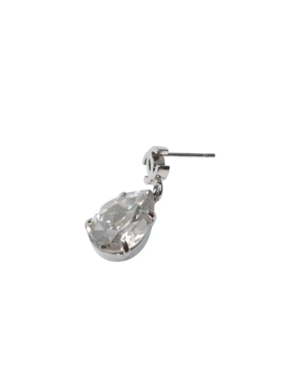 Chanel CC Logo Drop Earrings Metal Rhinestone Clear Silver
